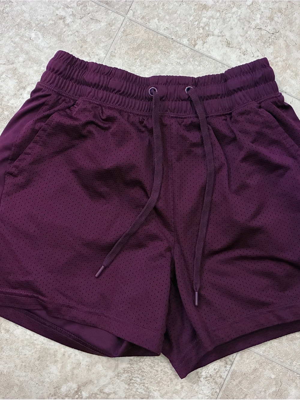 Women's Athletic Mesh Shorts in Plum with Drawstring Waist